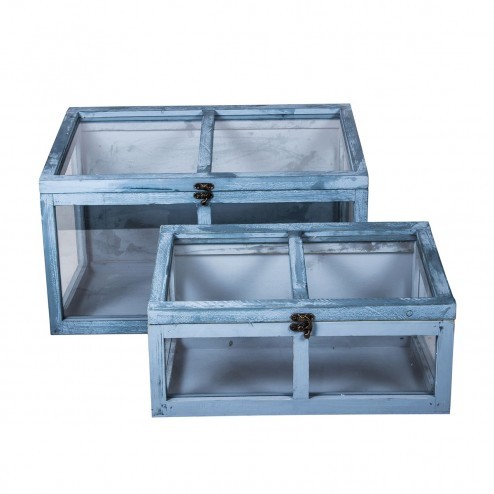 Blauw houten kasjes Malea (set van 2), met glas